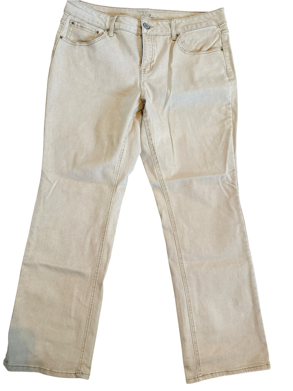 Women’s Time and Tru mid rise stretch beige bootcut jeans Size 16